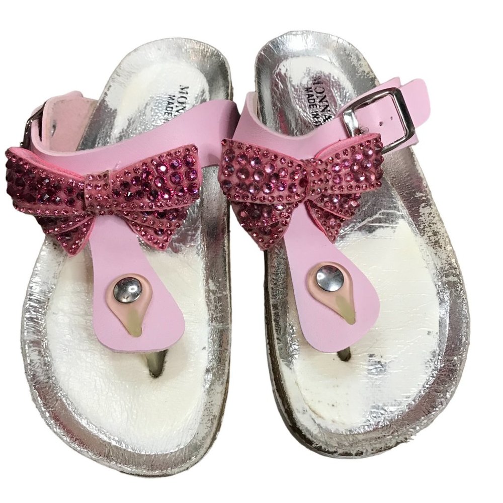 Monnalisa Pink Leather Crystal, Jewel Bow Sandals Cork‎ Little Girls 13 Italy